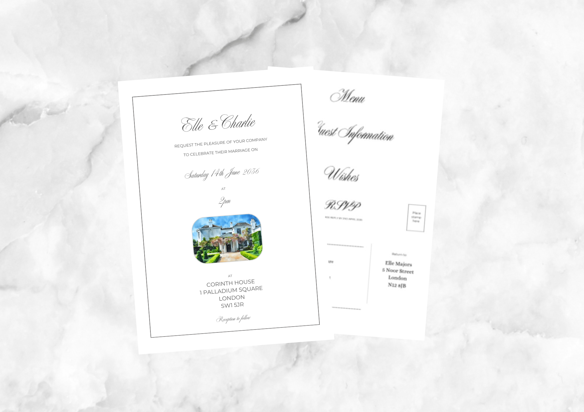 Watercolour Venue Illustration Wedding Invitation with RSVP