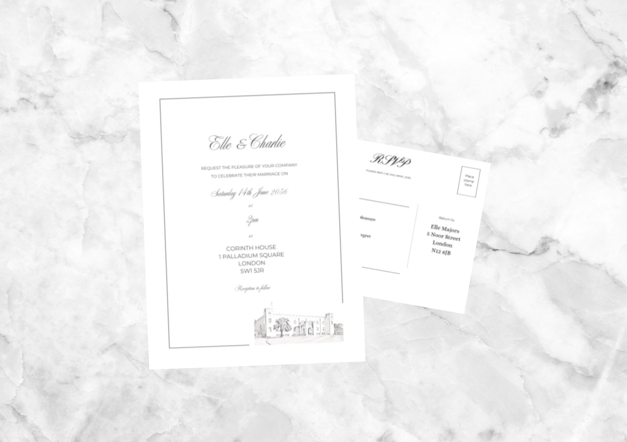 Syon Park Venue Illustration Wedding Invitation with RSVP Card