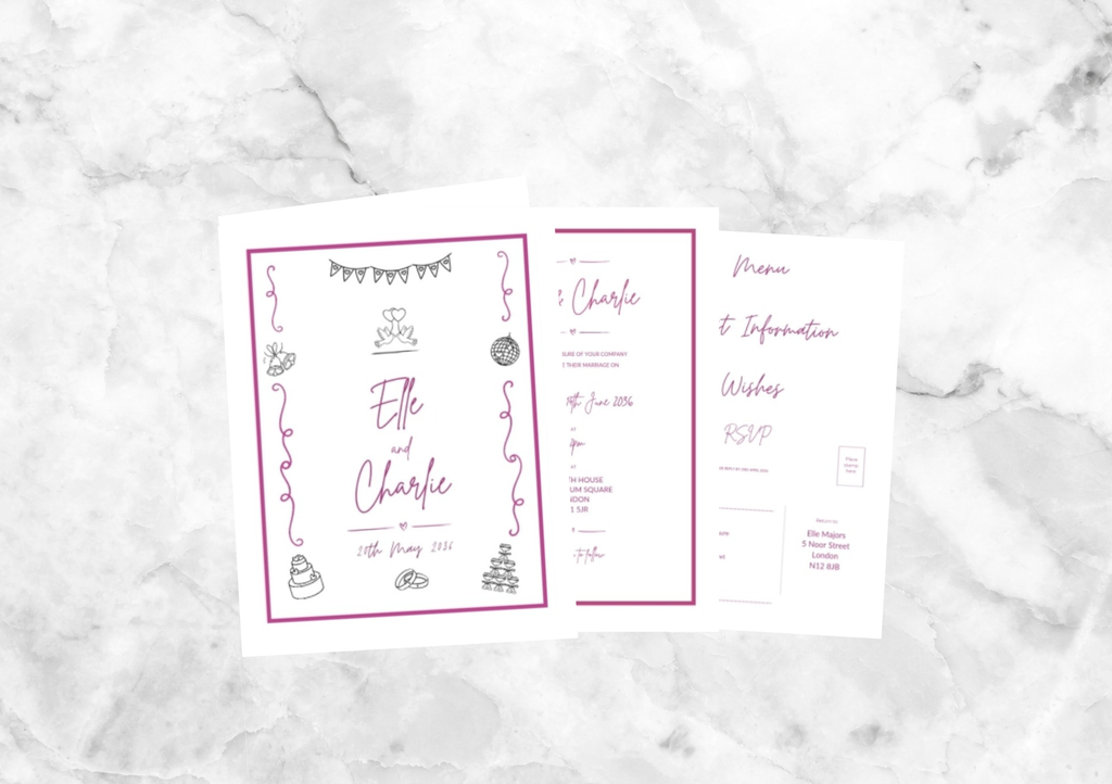 Ryder Illustrated Folded Wedding Invitation (Hot Pink)