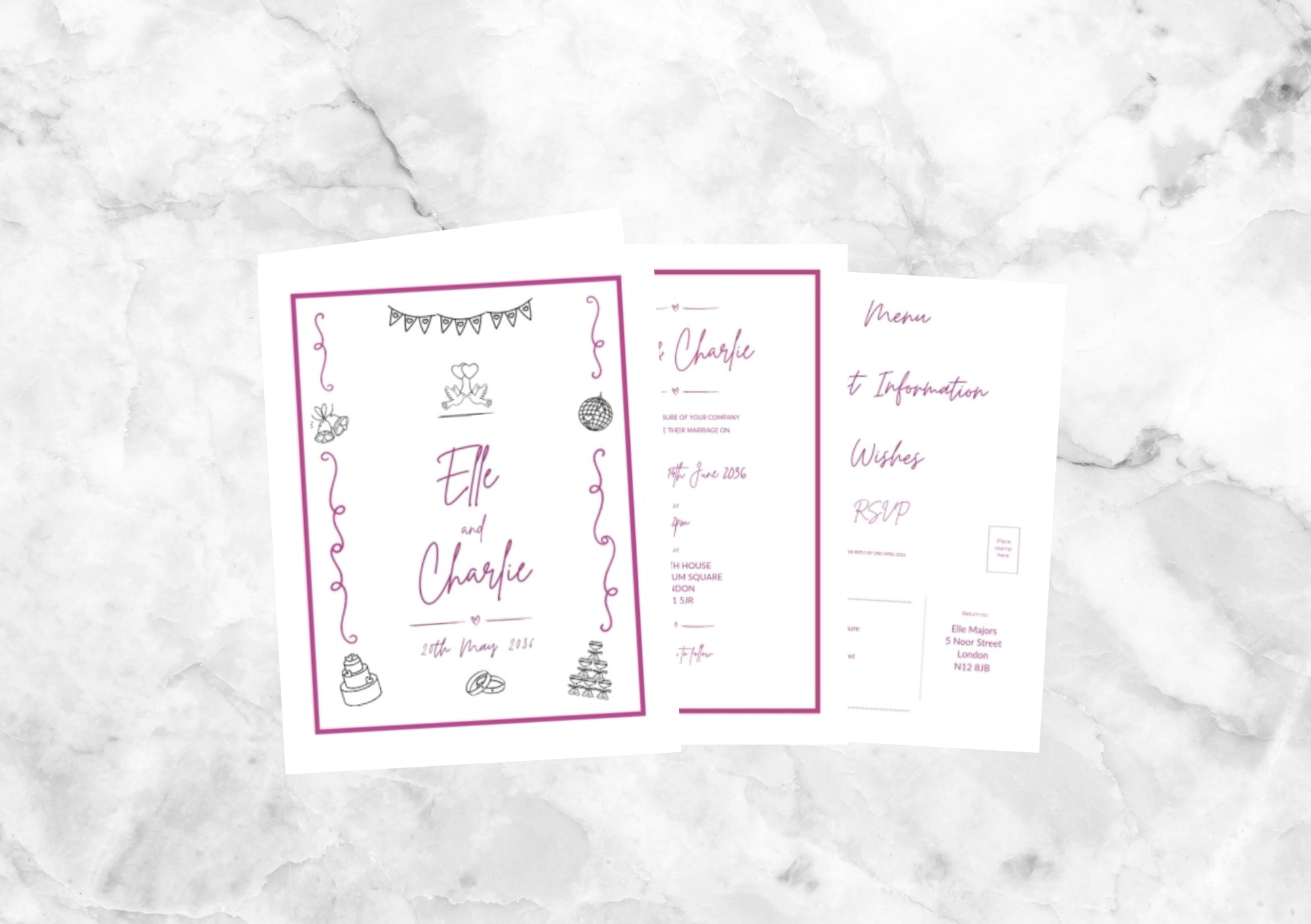 Ryder Illustrated Folded Wedding Invitation (Hot Pink)