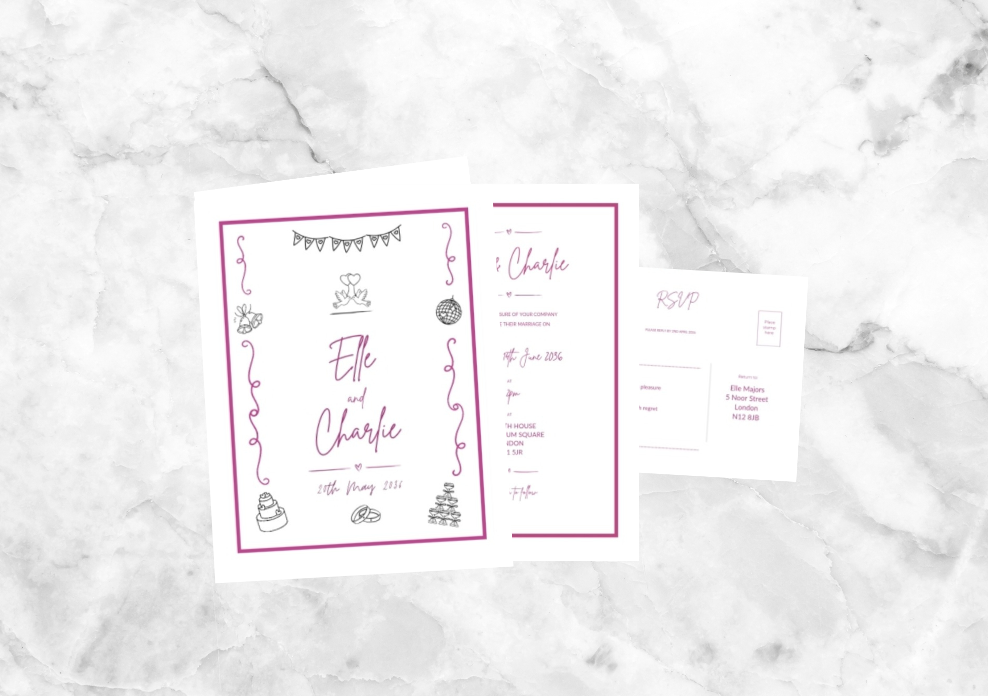 Ryder Illustrated Folded Wedding Invitation (Hot Pink)