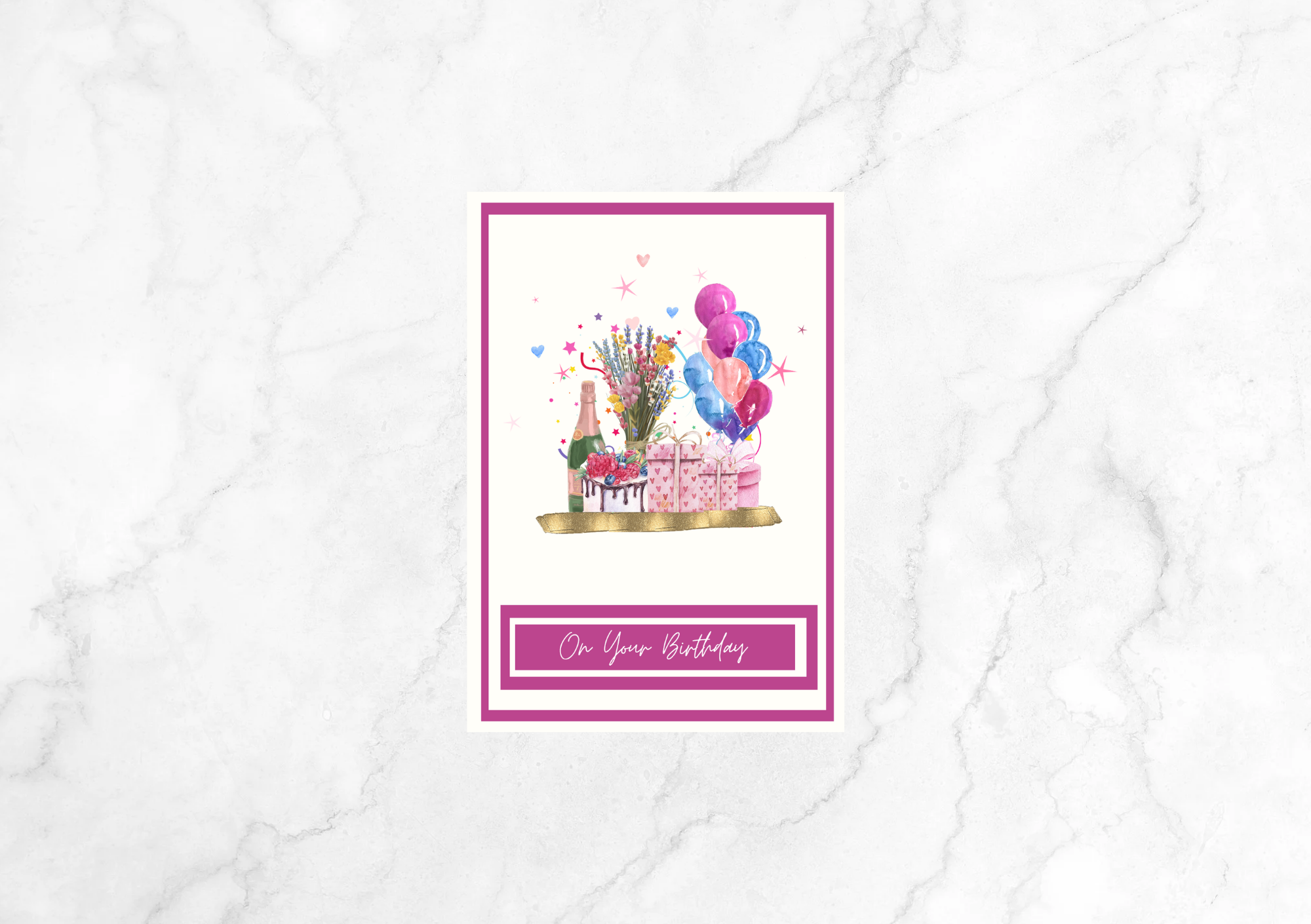 Joie Cake and Champagne II Birthday Card (Pink)