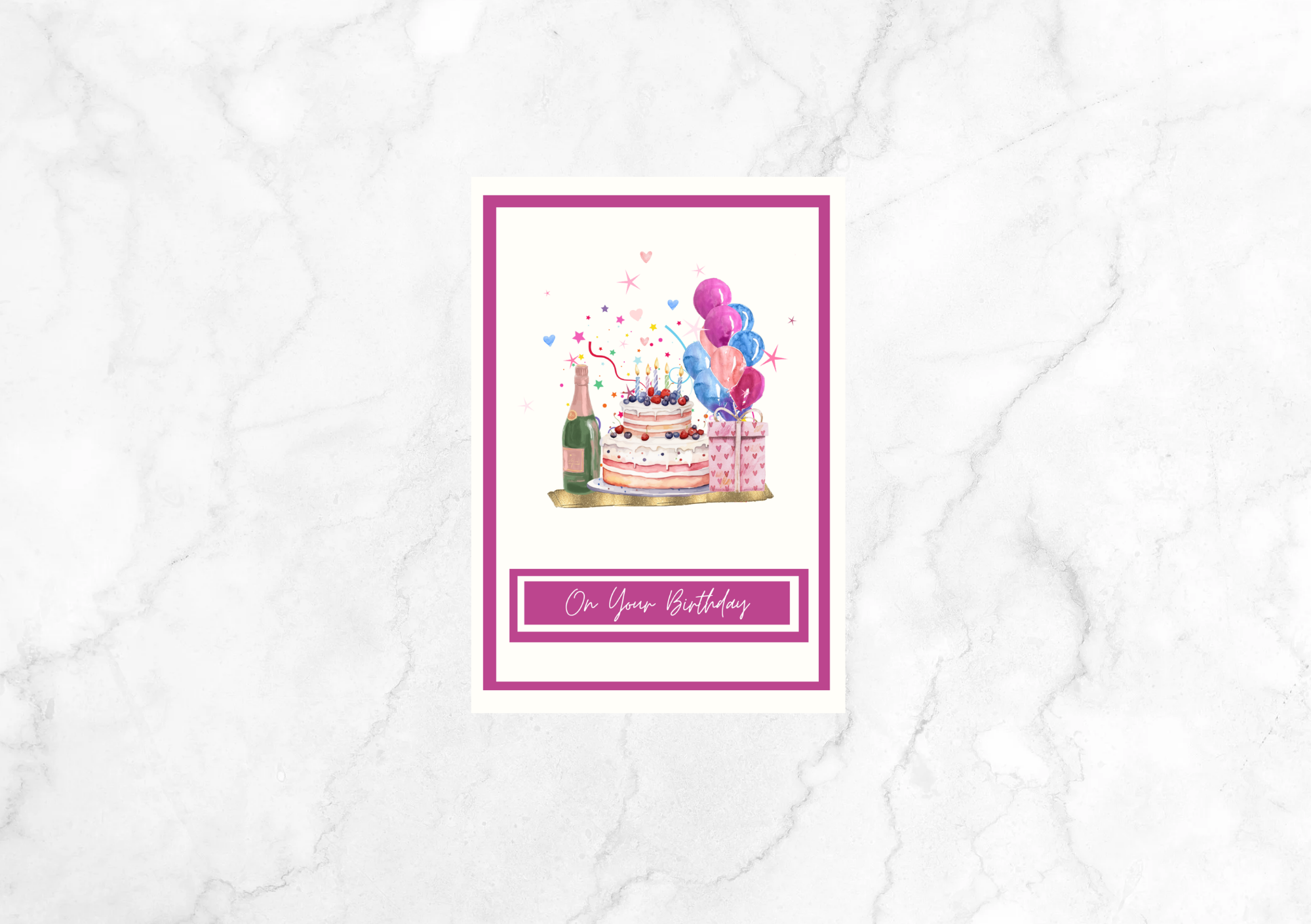 Joie Cake and Champagne Birthday Card (Pink)