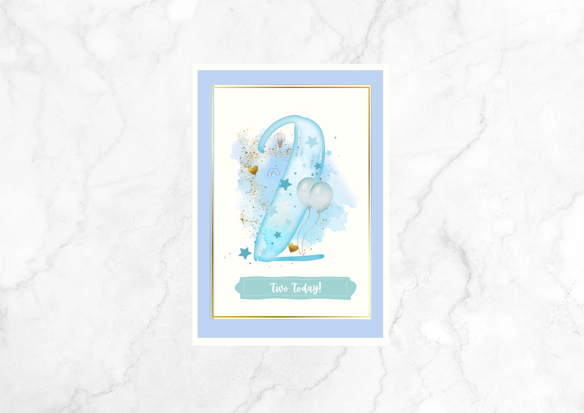 Elever Balloons & Stars Custom Age Birthday Card (Blue or Pink)